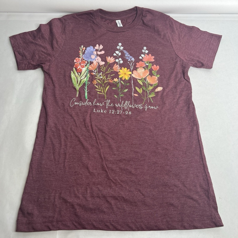 Consider the‎ Wildflowers Christian T-Shirt Luke 12:27 Berry Purple Faith Tee S